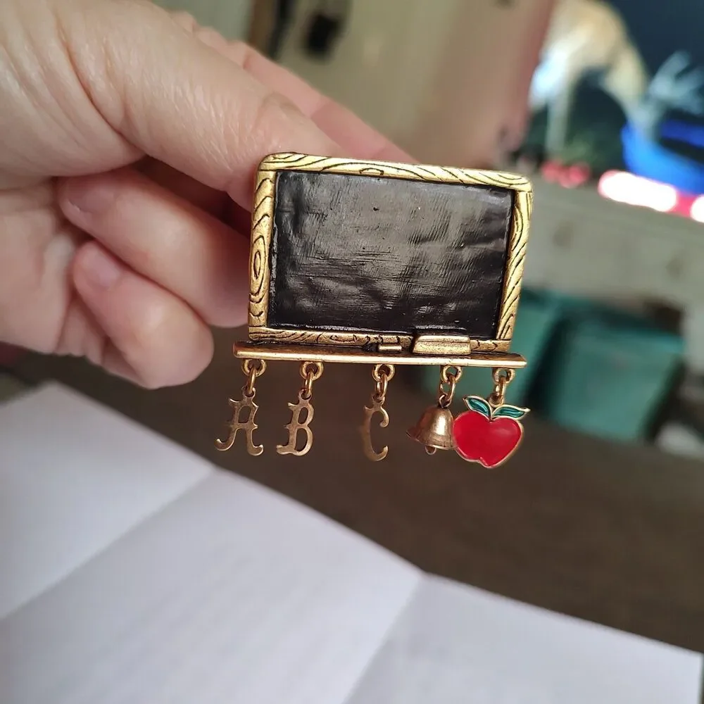 VTG Gold Tone Metal Enamel Teacher School ABC Apple Bell Chalk Eraser Brooch